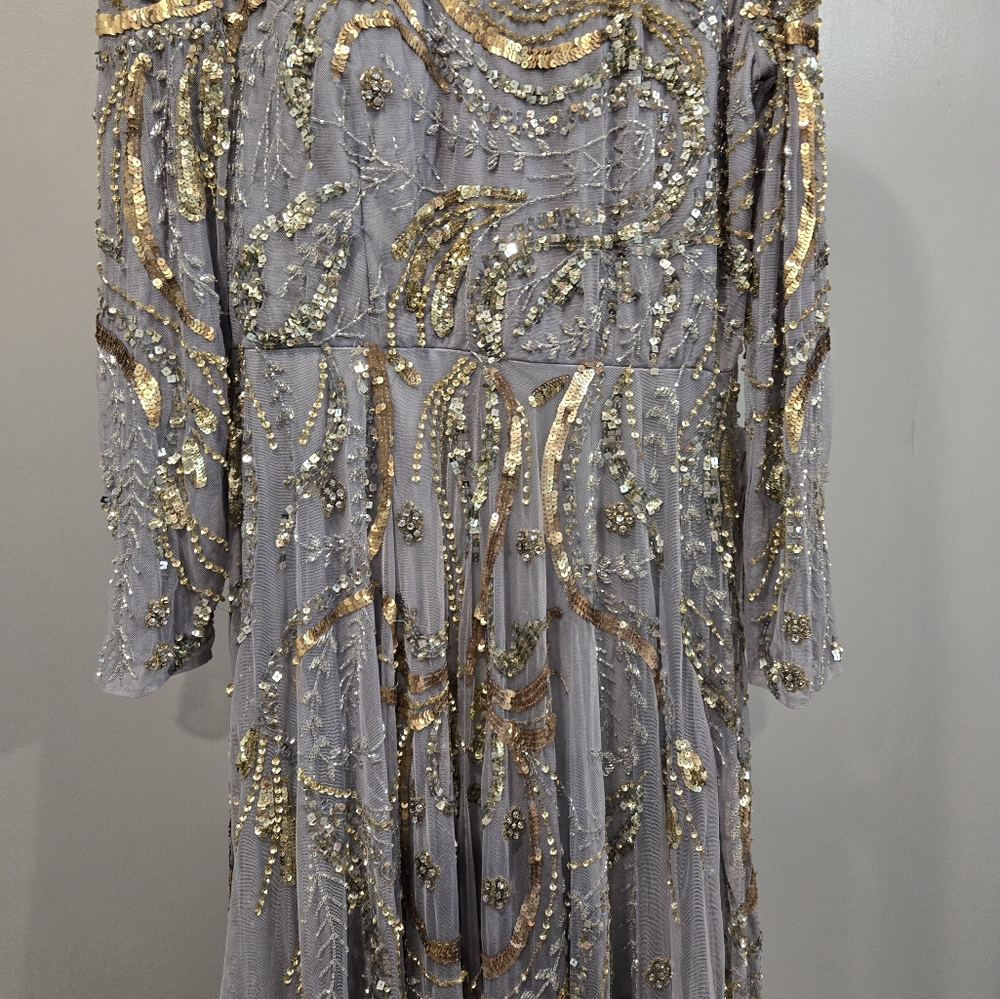NWT Mac Duggal PLATINUM GOLD LONG SLEEVE EMBELLISHED ILLUSION GOWN… - Picture 10 of 12